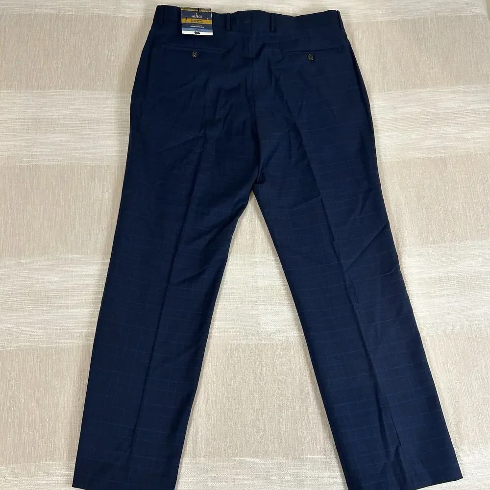 NWT Men's Stafford Blue Glen Plaid Dress Pants‎ Sz 36x32 Flat Front Stretch